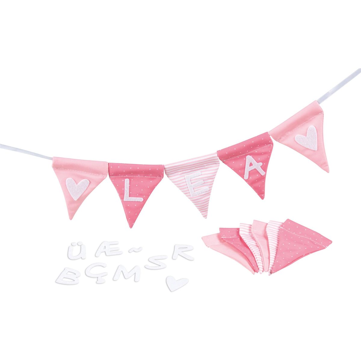 Buchstabenwimpelkette rosa, mit 10 Wimpeln