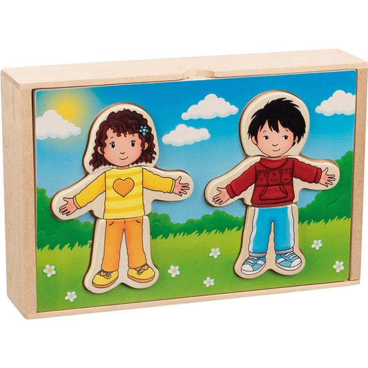 Anziehpuppenpuzzle Junge und Mädchen im Holzkasten