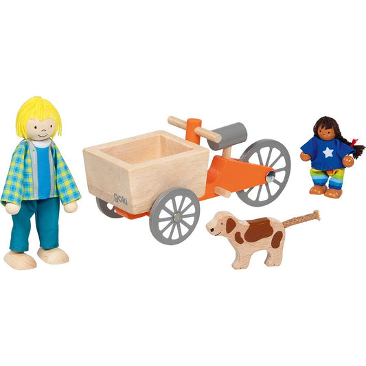 Lastenfarhrrad mit 2 Biegepuppen und Hund