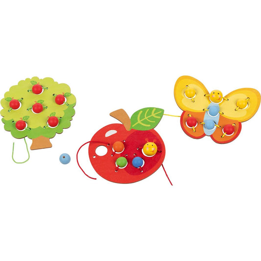 Fädelspiel Obstgarten, 3 Motive (Apfel, Baum, Schmetterling)
