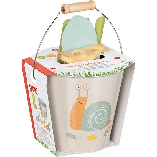 Eimer mit Gartenwerkzeug, Motiv Schnecke